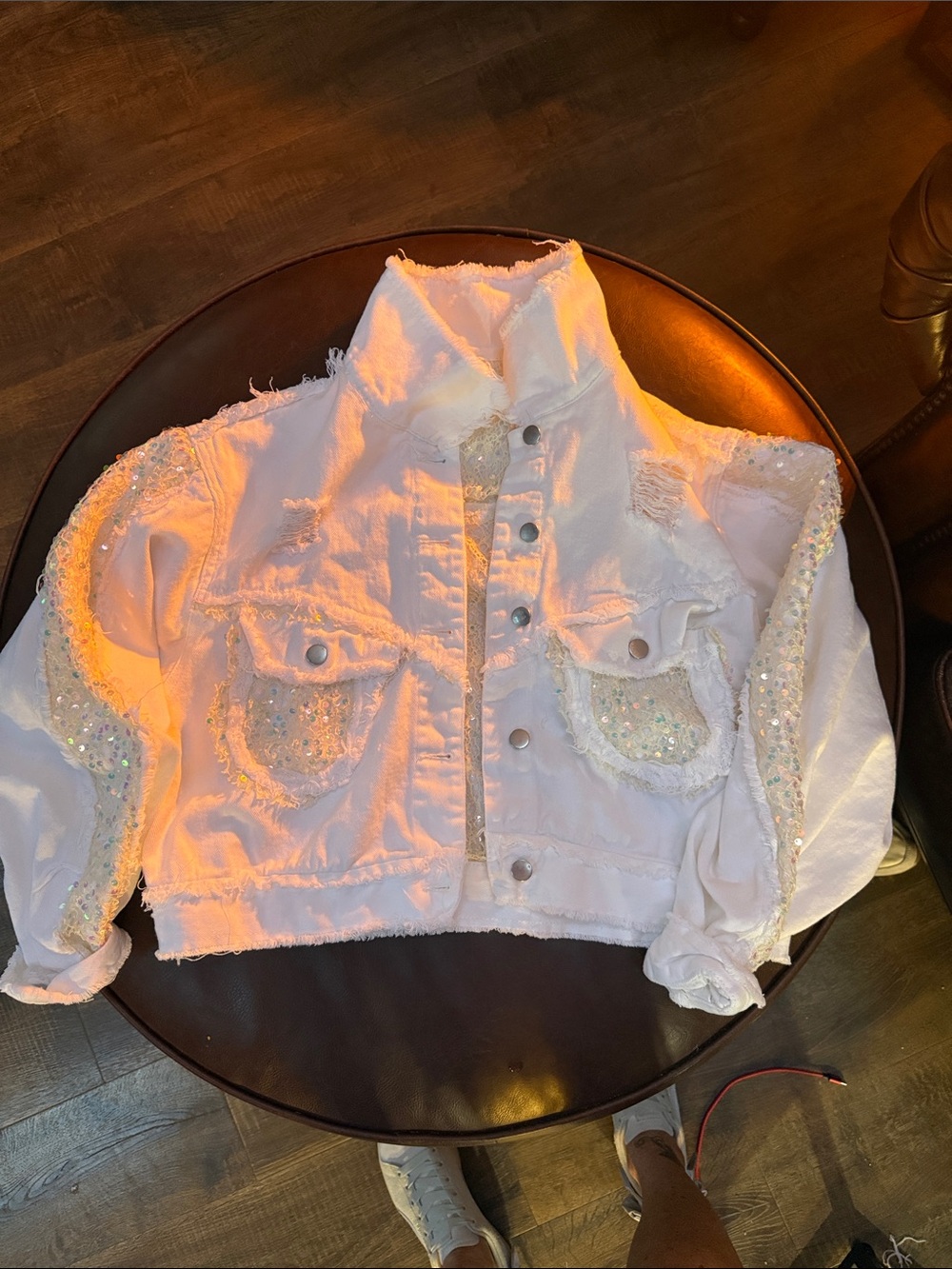 POL White Sequin-Trim Cropped Jean Jacket